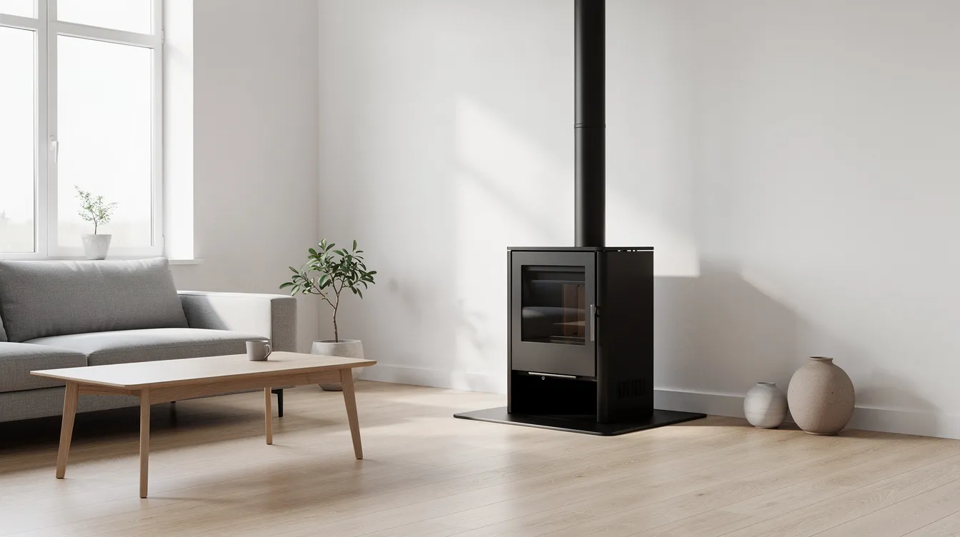 W jasnym, minimalistycznym salonie z drewnianą podłogą znajduje się elegancki czarny piec wolnostojący, który stanowi dodatkowe źródło ciepła oraz pełni funkcję dekoracyjną, wprowadzając przytulny klimat do wnętrza. Kominek doskonale wpisuje się w nowoczesny design aranżacji salonu, tworząc efektowny punkt centralny pomieszczenia.